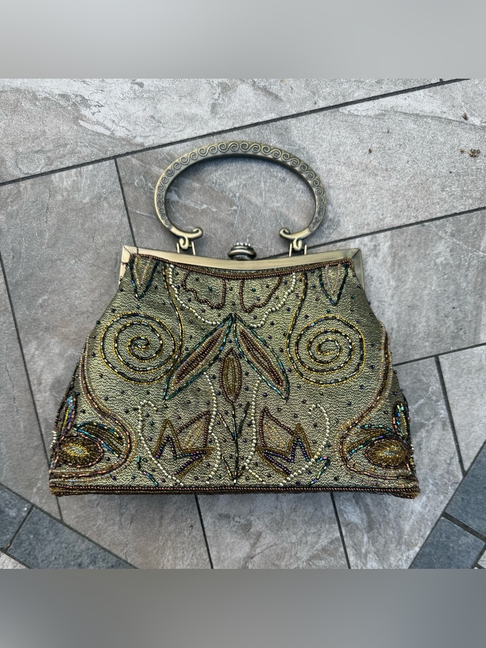 Vintage Fully Beaded Owl Metallic Gold Evening Clutch with Decorative Handle - Picture 10 of 16